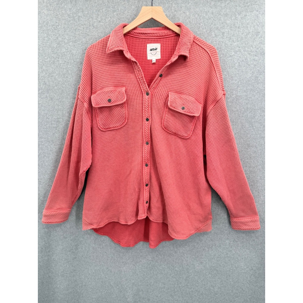 Aerie Button Down Women S Pink Waffle Knit Oversized Shacket Long Sleeve Comfort